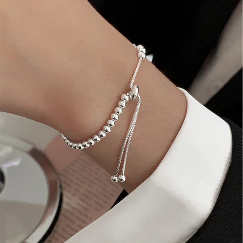 100% Solid 925 Sterling Silver Metal Bracelets for Women Men Beads Adjuatable Handmade Simple Bracelet Birthday Christmas Gift