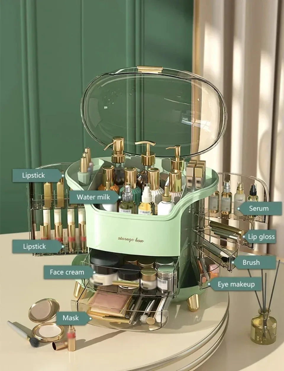 Desktop cosmetics storage box, transparent jewelry and cosmetics storage box, dustproof large-capacity cosmetics storage box