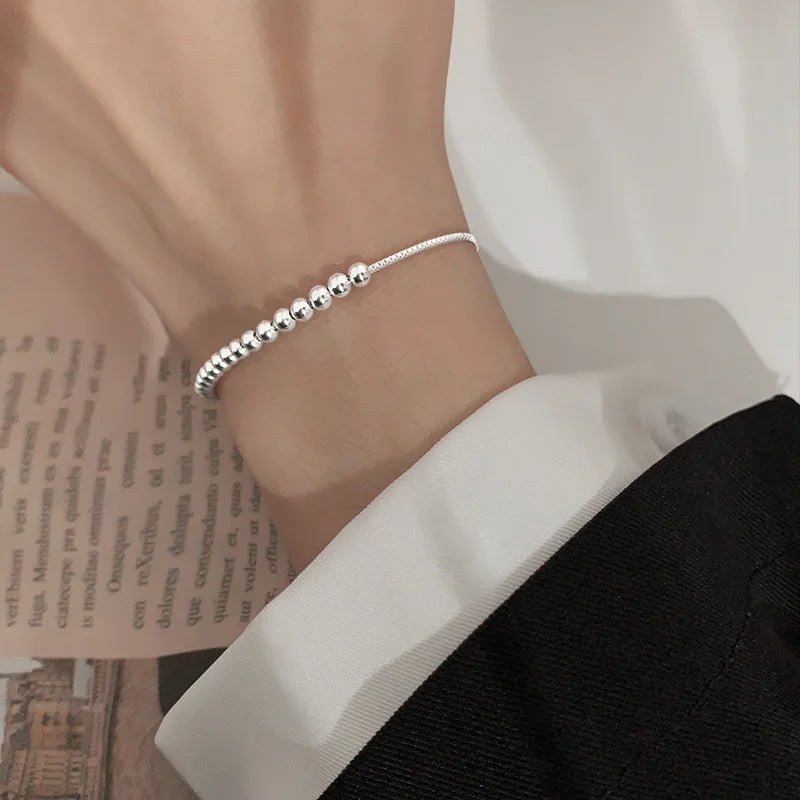 100% Solid 925 Sterling Silver Metal Bracelets for Women Men Beads Adjuatable Handmade Simple Bracelet Birthday Christmas Gift