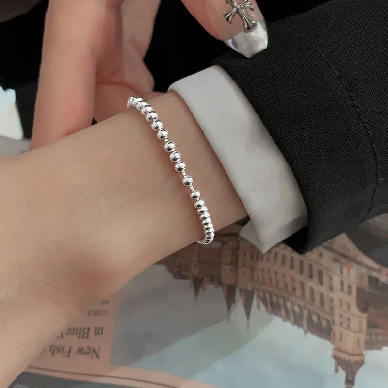 100% Solid 925 Sterling Silver Metal Bracelets for Women Men Beads Adjuatable Handmade Simple Bracelet Birthday Christmas Gift